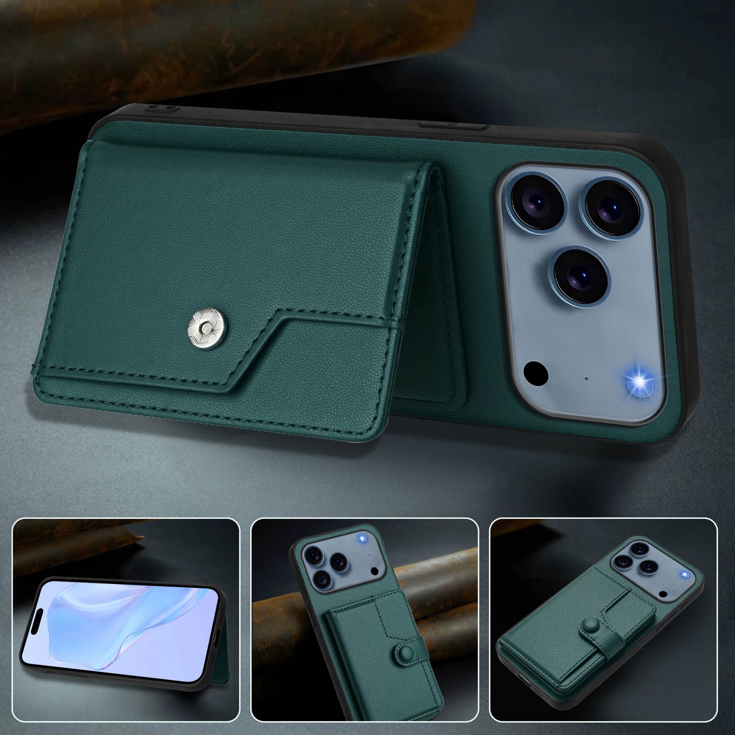 For iPhone 17 Pro Max Case RFID Blocking Card Holder Kickstand TPU + PU Leather Phone Back Cover - Green