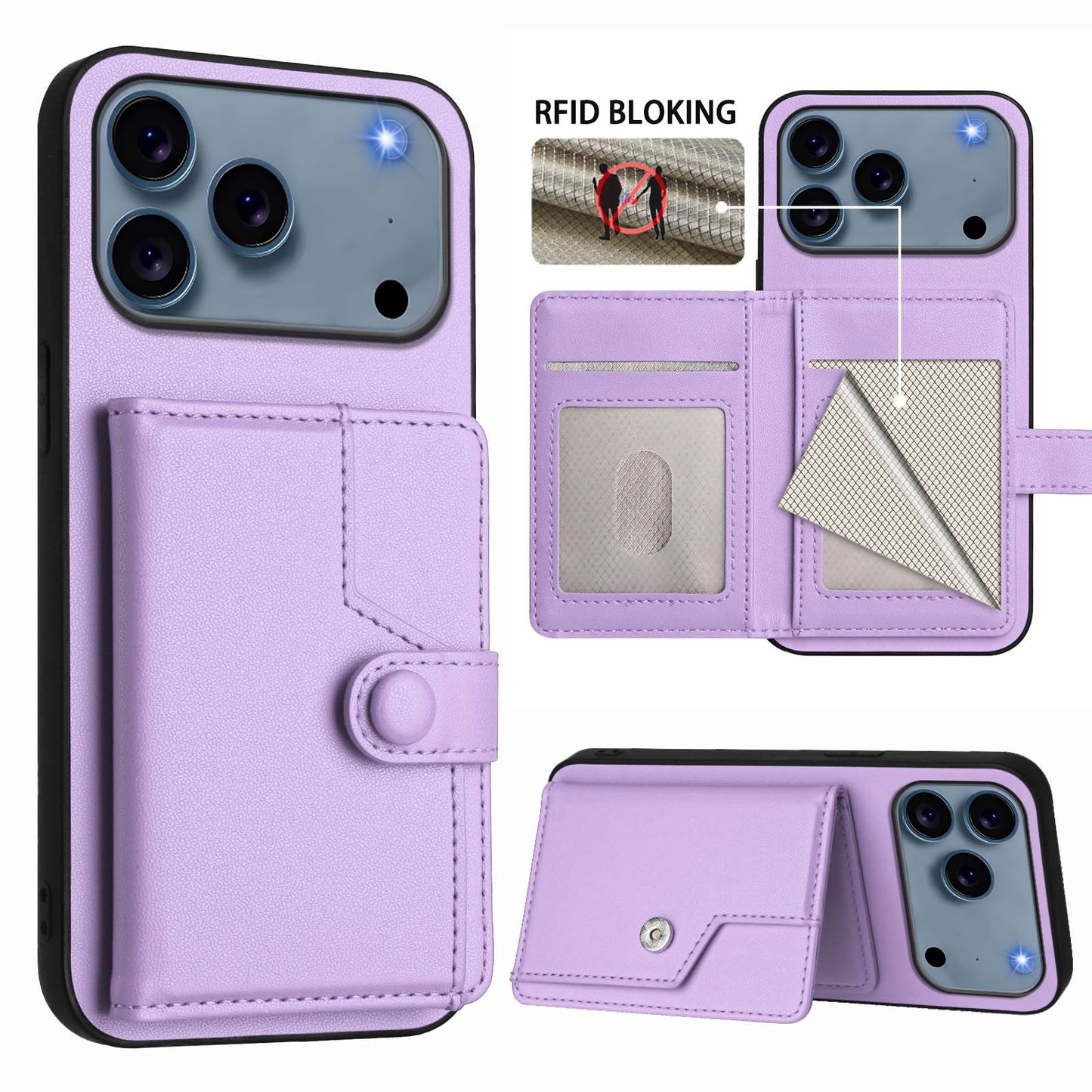 For iPhone 17 Pro Max Case RFID Blocking Card Holder Kickstand TPU + PU Leather Phone Back Cover - Purple