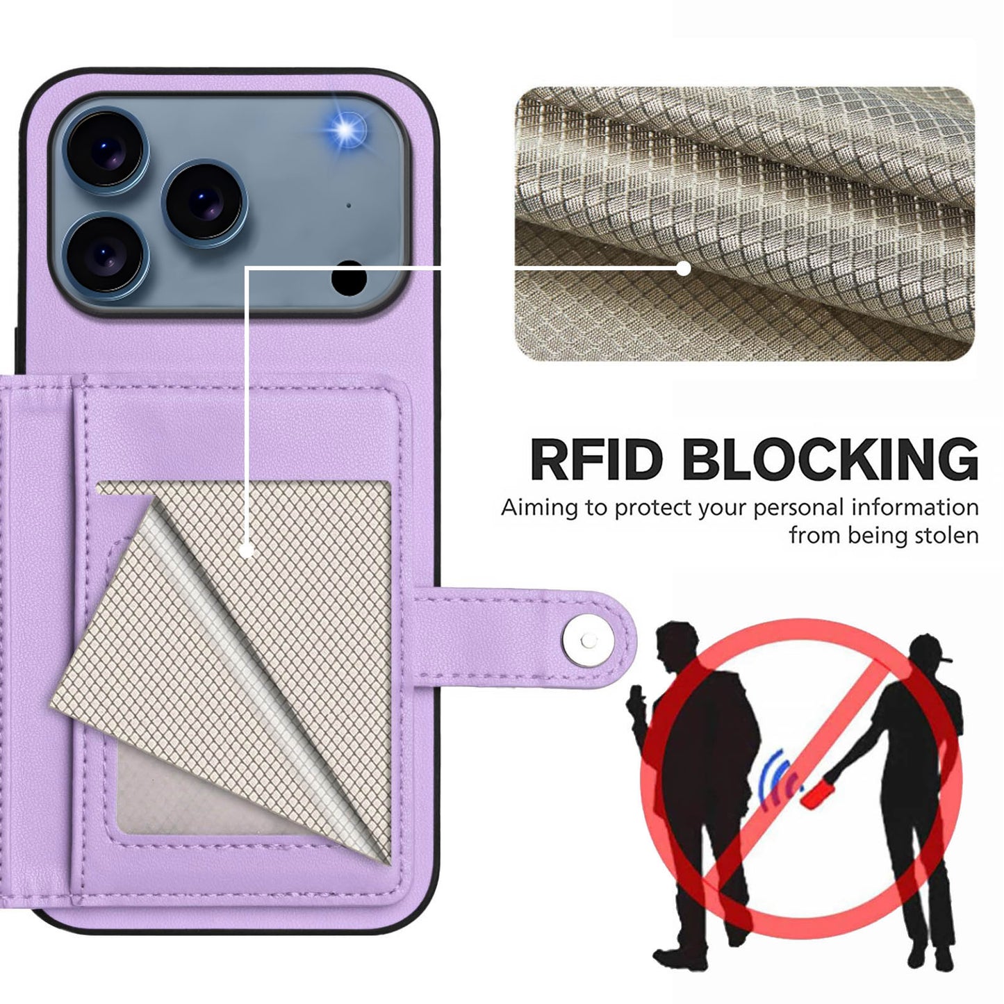For iPhone 17 Pro Max Case RFID Blocking Card Holder Kickstand TPU + PU Leather Phone Back Cover - Purple