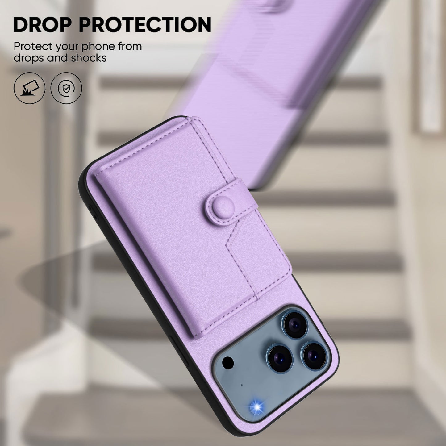 For iPhone 17 Pro Max Case RFID Blocking Card Holder Kickstand TPU + PU Leather Phone Back Cover - Purple