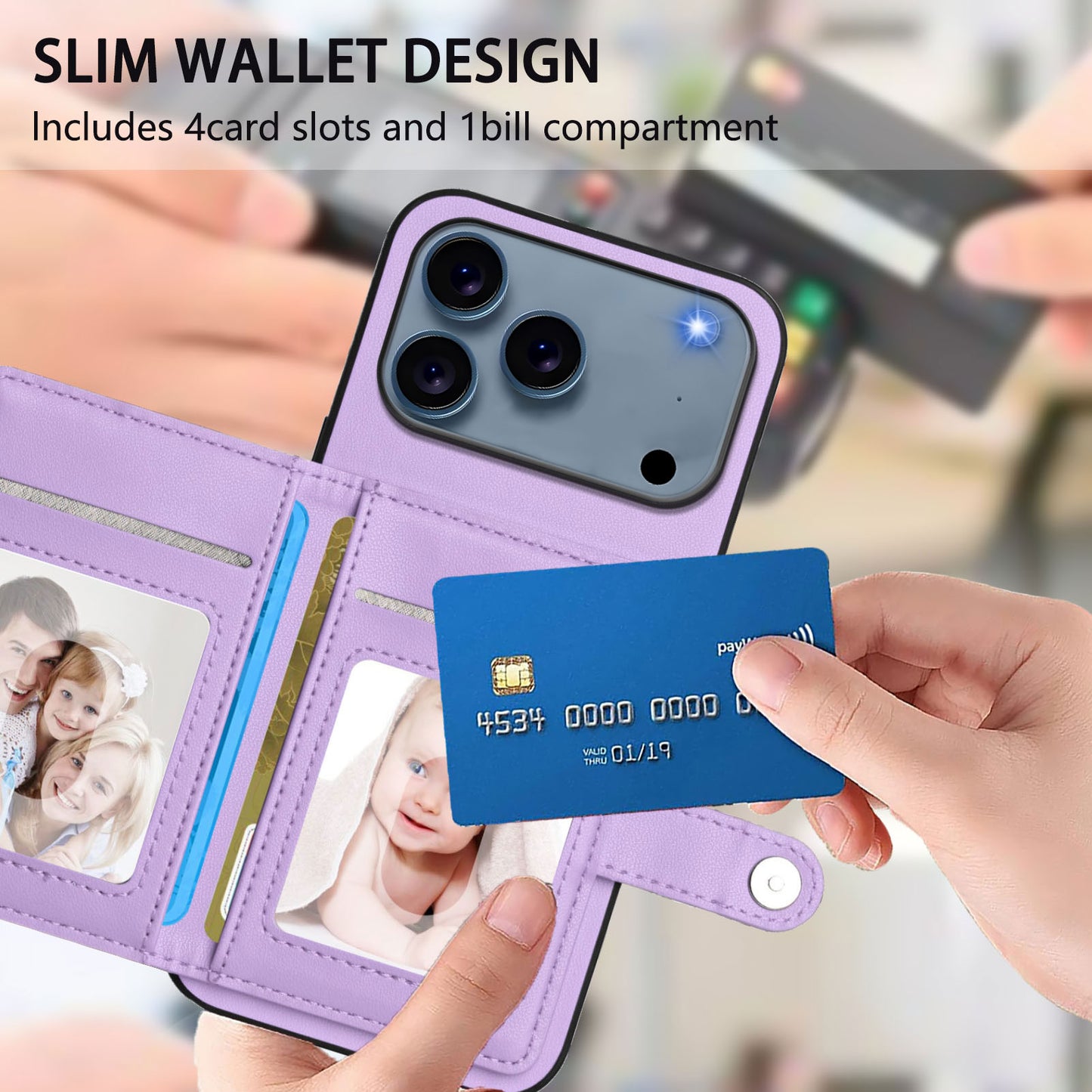 For iPhone 17 Pro Max Case RFID Blocking Card Holder Kickstand TPU + PU Leather Phone Back Cover - Purple