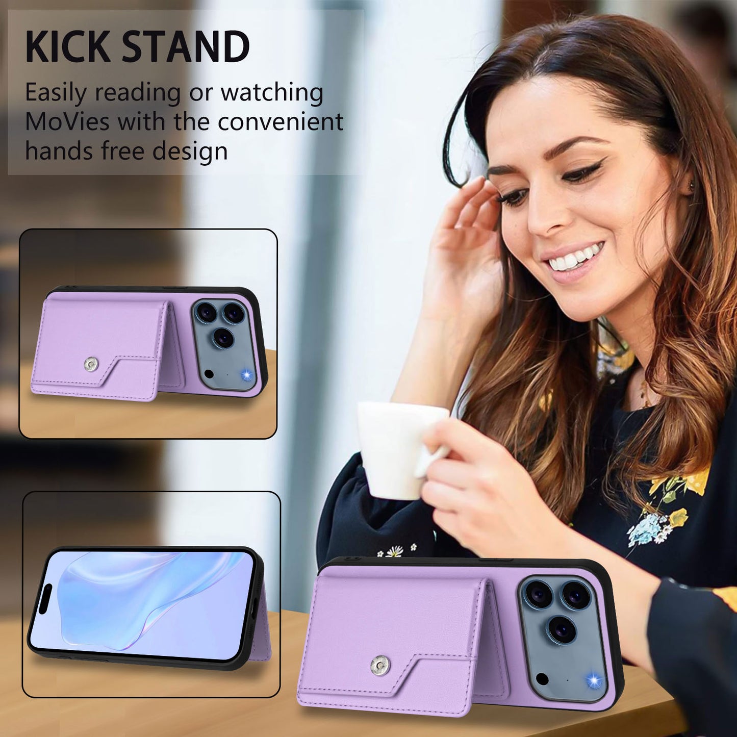 For iPhone 17 Pro Max Case RFID Blocking Card Holder Kickstand TPU + PU Leather Phone Back Cover - Purple