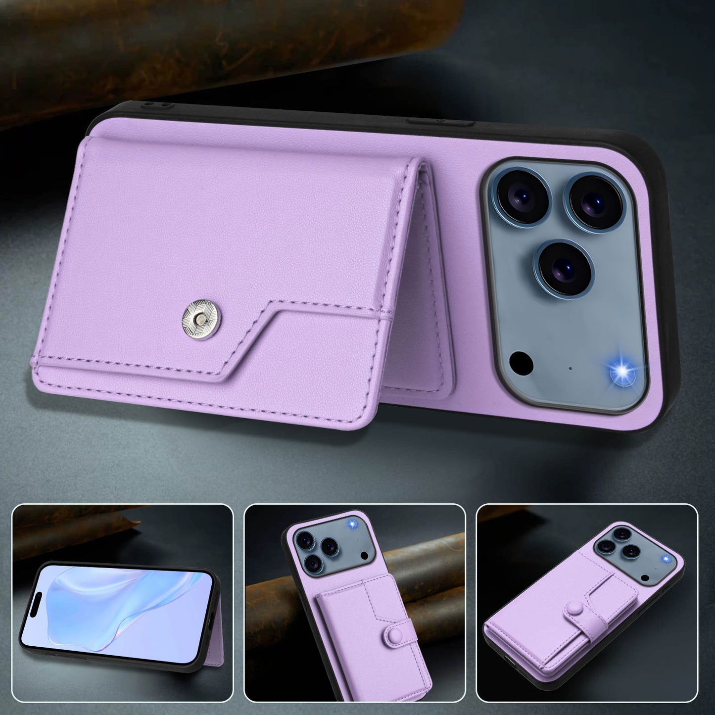 For iPhone 17 Pro Max Case RFID Blocking Card Holder Kickstand TPU + PU Leather Phone Back Cover - Purple