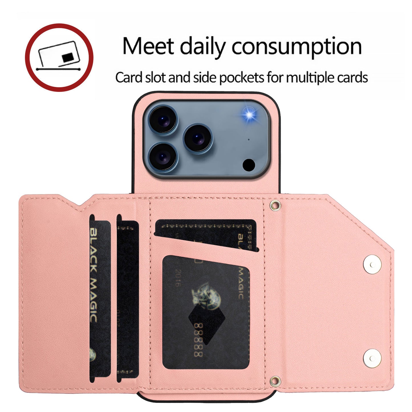 For iPhone 17 Pro Max Case Card Holder Kickstand Skin-Touch Phone Cover with Wrist Strap - Pink