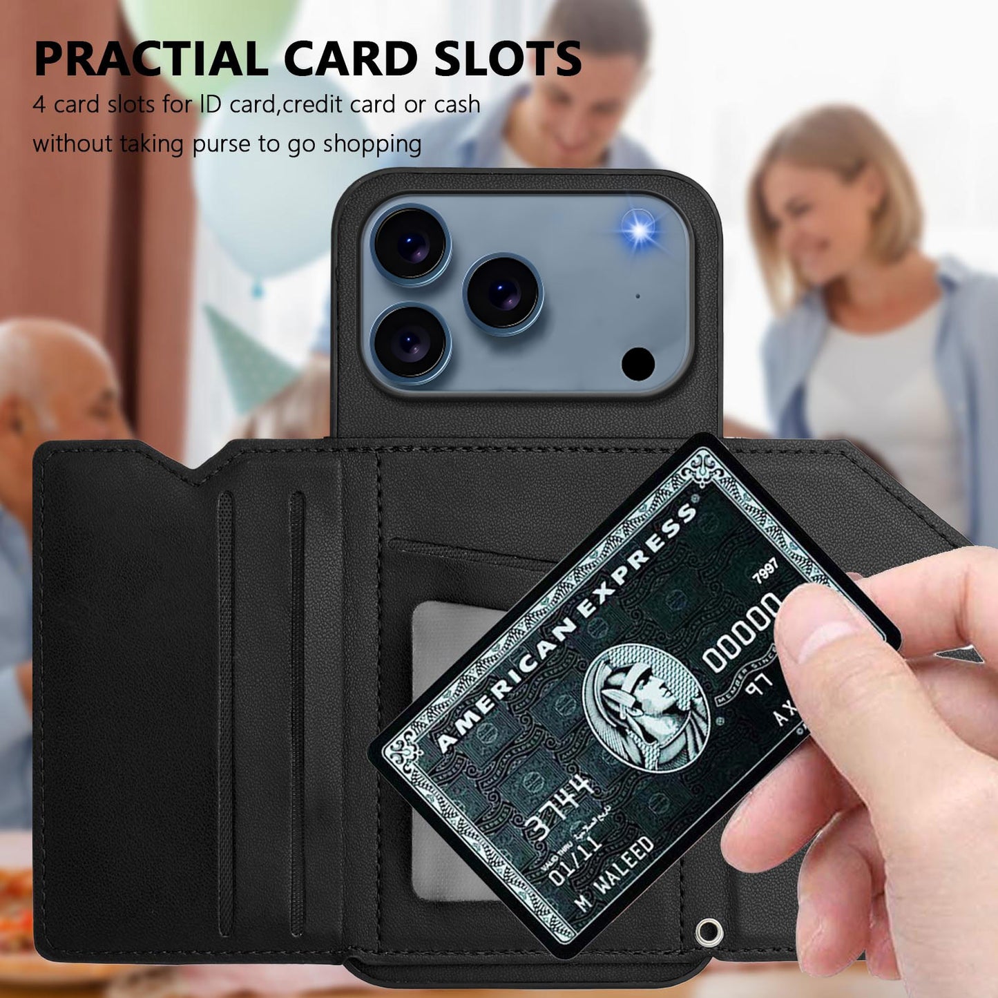 For iPhone 17 Pro Max Case Card Holder Kickstand Skin-Touch Phone Cover with Wrist Strap - Black