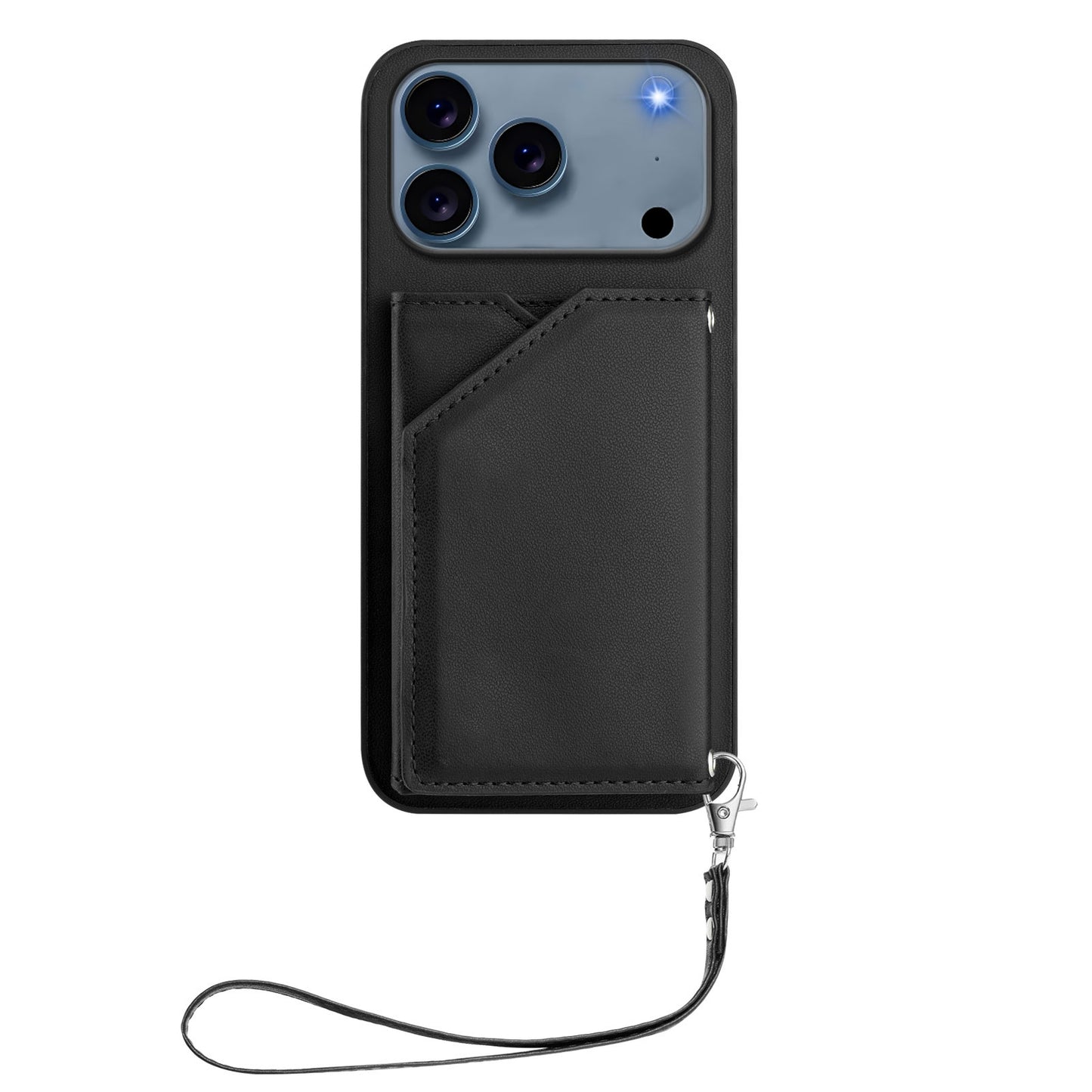 For iPhone 17 Pro Max Case Card Holder Kickstand Skin-Touch Phone Cover with Wrist Strap - Black