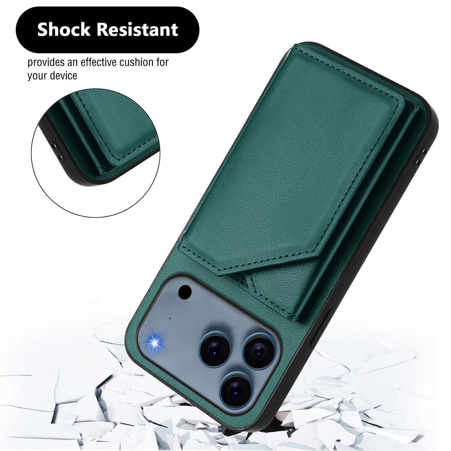 For iPhone 17 Pro Max Case Card Holder Kickstand Skin-Touch Phone Cover with Wrist Strap - Green