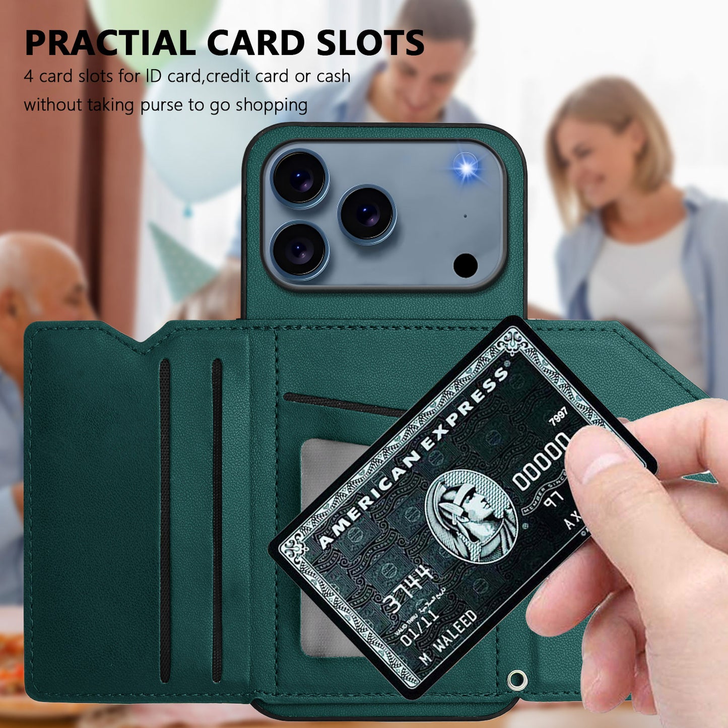 For iPhone 17 Pro Max Case Card Holder Kickstand Skin-Touch Phone Cover with Wrist Strap - Green