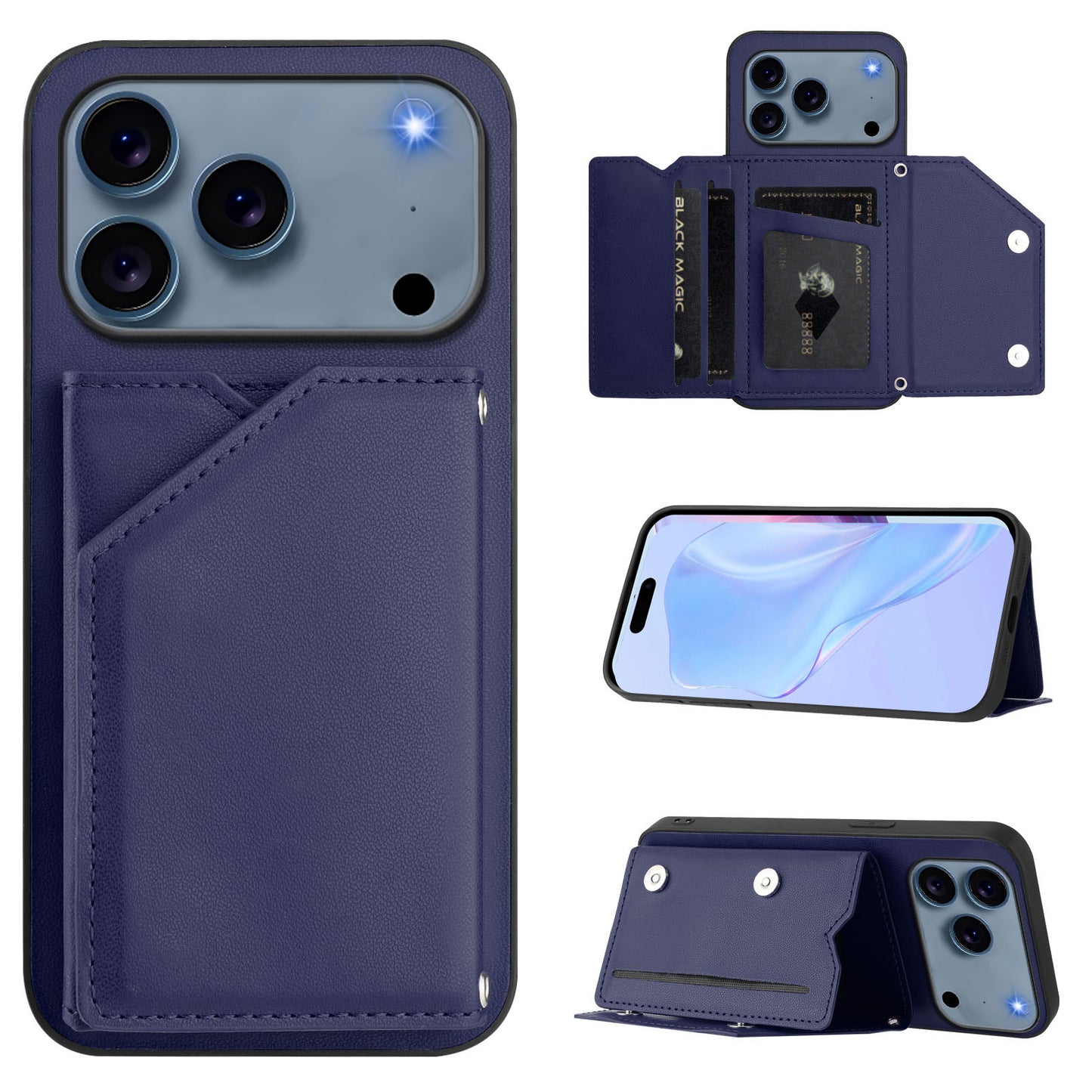 For iPhone 17 Pro Max Case Card Holder Kickstand Skin-Touch Phone Cover with Wrist Strap - Blue