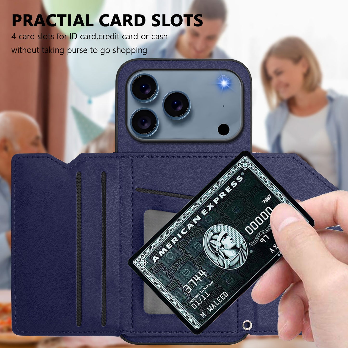 For iPhone 17 Pro Max Case Card Holder Kickstand Skin-Touch Phone Cover with Wrist Strap - Blue