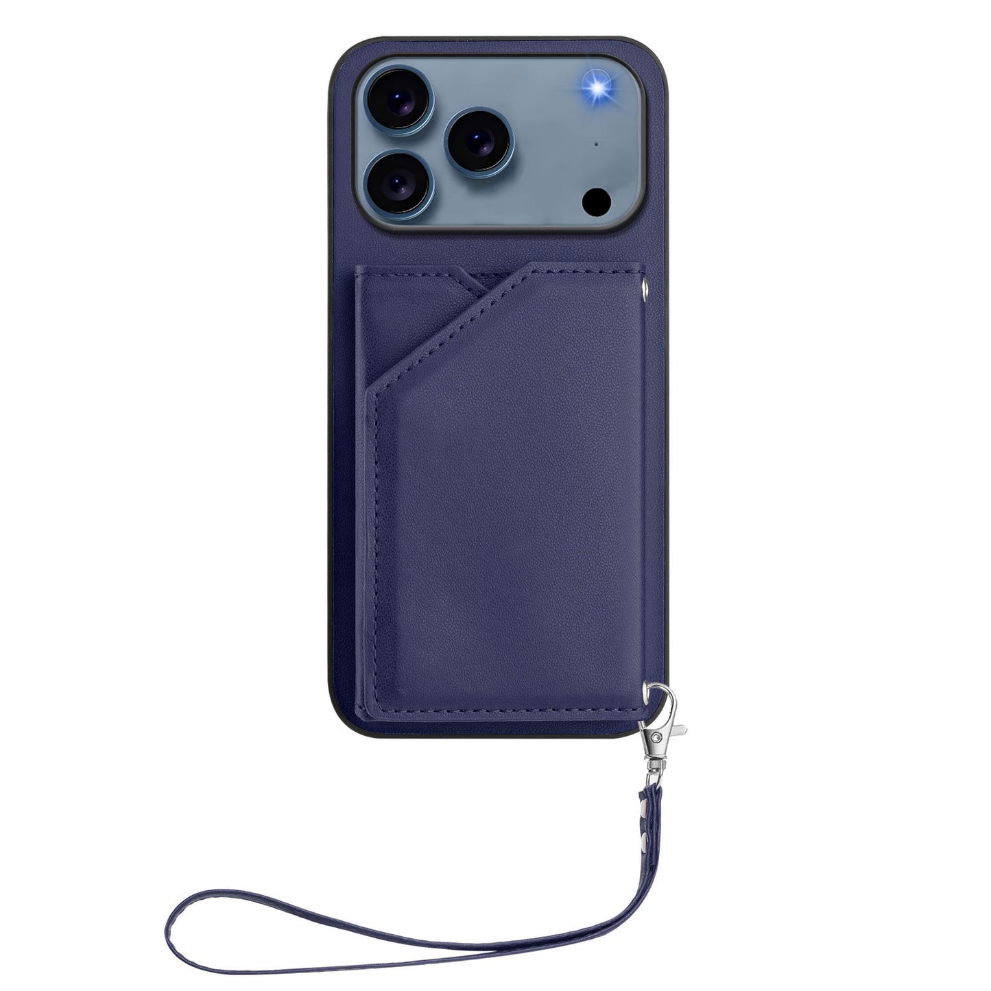 For iPhone 17 Pro Max Case Card Holder Kickstand Skin-Touch Phone Cover with Wrist Strap - Blue