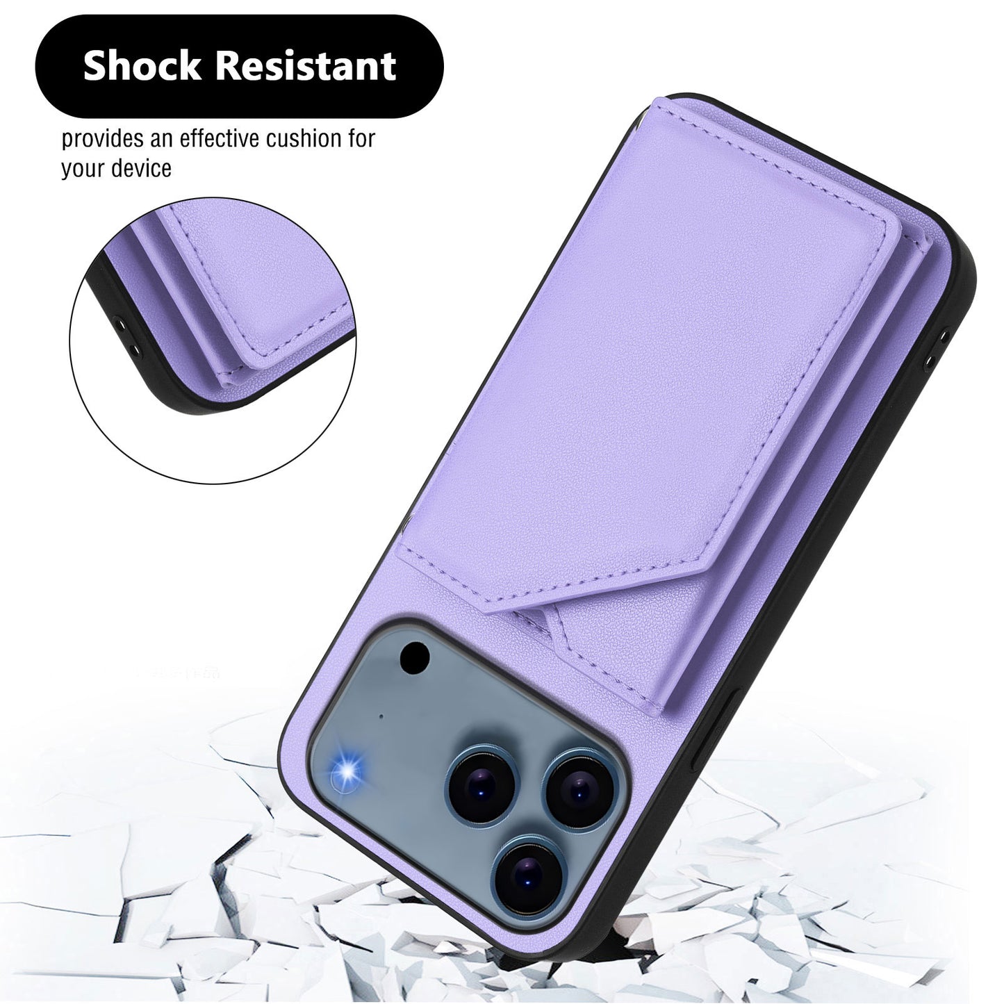 For iPhone 17 Pro Max Case Card Holder Kickstand Skin-Touch Phone Cover with Wrist Strap - Light Purple
