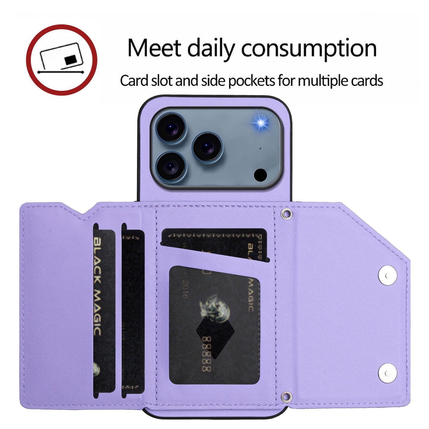 For iPhone 17 Pro Max Case Card Holder Kickstand Skin-Touch Phone Cover with Wrist Strap - Light Purple