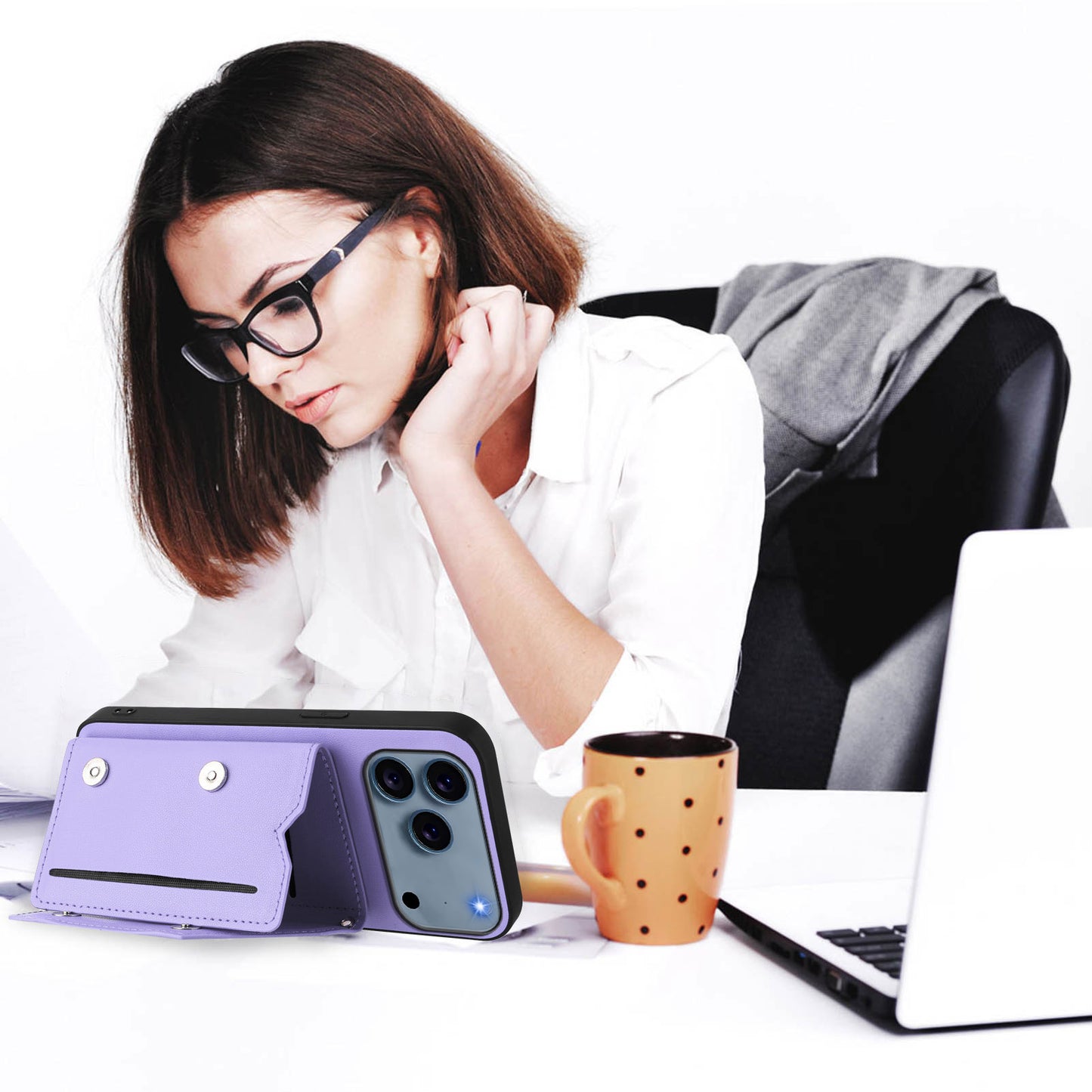 For iPhone 17 Pro Max Case Card Holder Kickstand Skin-Touch Phone Cover with Wrist Strap - Light Purple