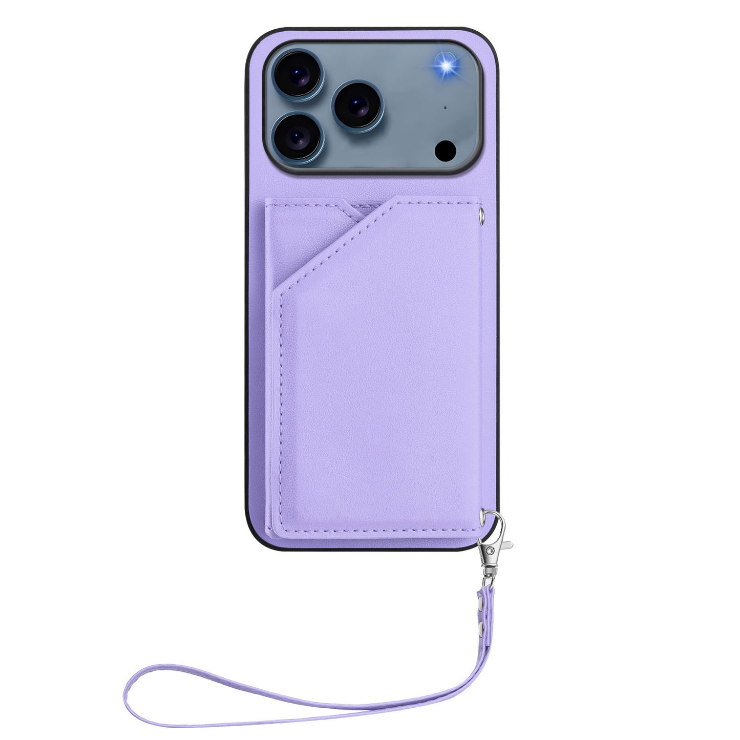 For iPhone 17 Pro Max Case Card Holder Kickstand Skin-Touch Phone Cover with Wrist Strap - Light Purple
