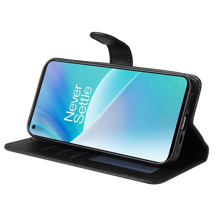 For OnePlus Nord 2T 5G Magnetic PU Leather Stand Flip Cover Calf Texture TPU Inner Shell Folio Wallet Phone Case with Strap - Black