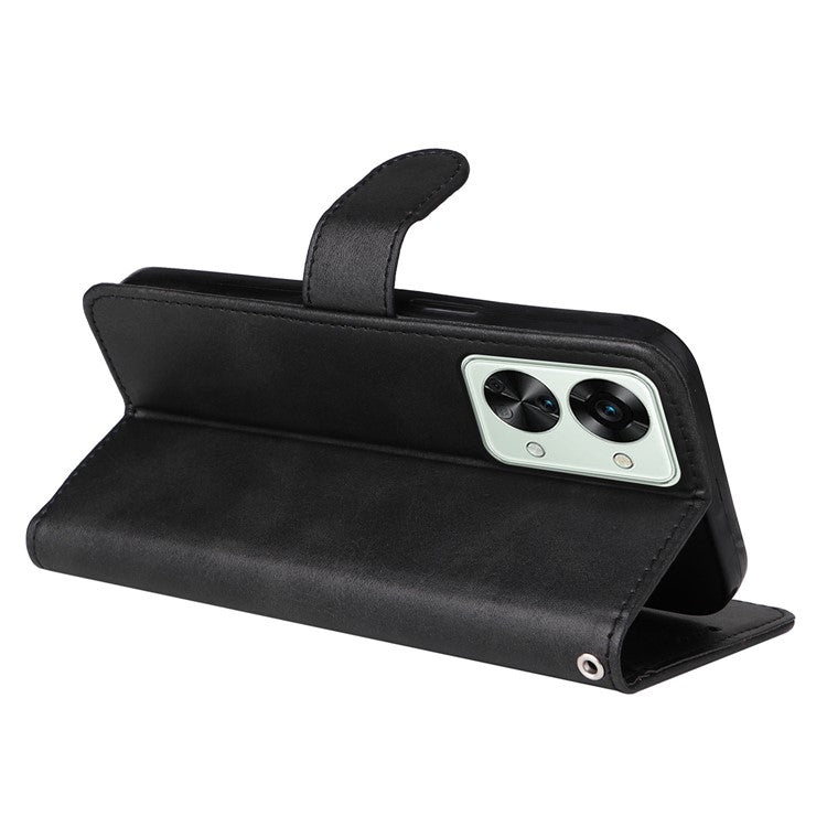 For OnePlus Nord 2T 5G Magnetic PU Leather Stand Flip Cover Calf Texture TPU Inner Shell Folio Wallet Phone Case with Strap - Black