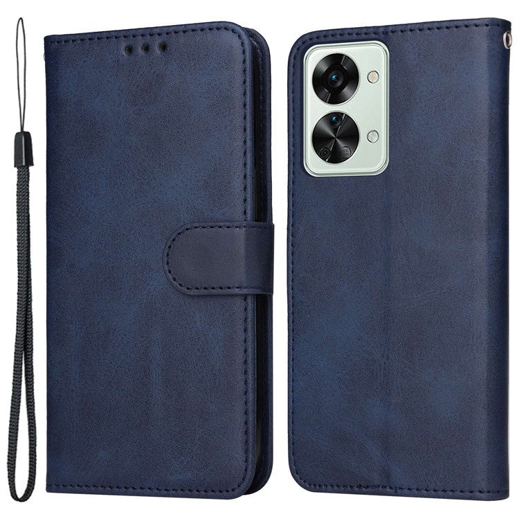 For OnePlus Nord 2T 5G Magnetic PU Leather Stand Flip Cover Calf Texture TPU Inner Shell Folio Wallet Phone Case with Strap - Blue