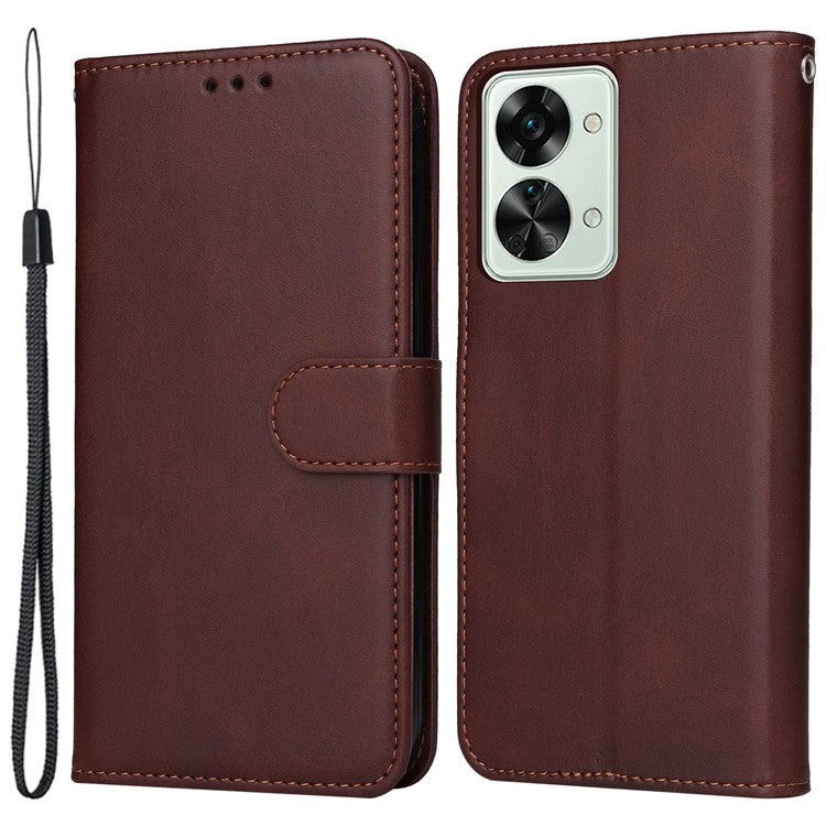 For OnePlus Nord 2T 5G Magnetic PU Leather Stand Flip Cover Calf Texture TPU Inner Shell Folio Wallet Phone Case with Strap - Brown