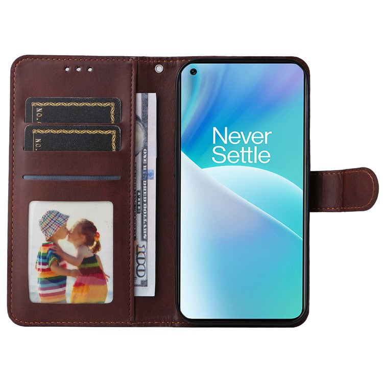For OnePlus Nord 2T 5G Magnetic PU Leather Stand Flip Cover Calf Texture TPU Inner Shell Folio Wallet Phone Case with Strap - Brown