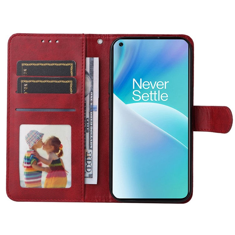 For OnePlus Nord 2T 5G Magnetic PU Leather Stand Flip Cover Calf Texture TPU Inner Shell Folio Wallet Phone Case with Strap - Red