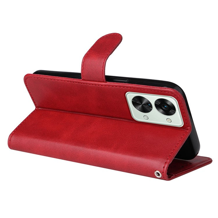 For OnePlus Nord 2T 5G Magnetic PU Leather Stand Flip Cover Calf Texture TPU Inner Shell Folio Wallet Phone Case with Strap - Red