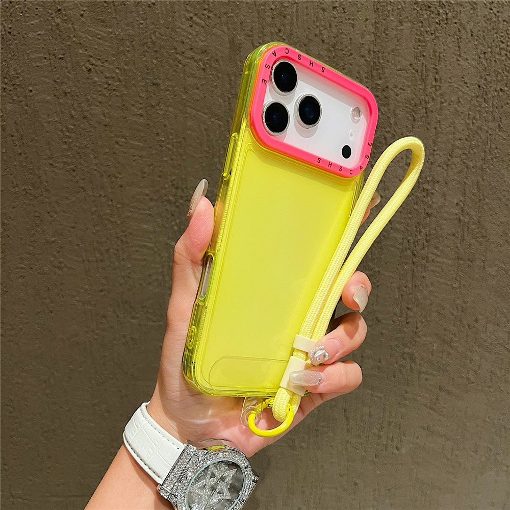 For iPhone 17 Pro Max Case Clear Contrasting Colors Shockproof TPU Phone Back Cover with Wrist Strap - Yellow