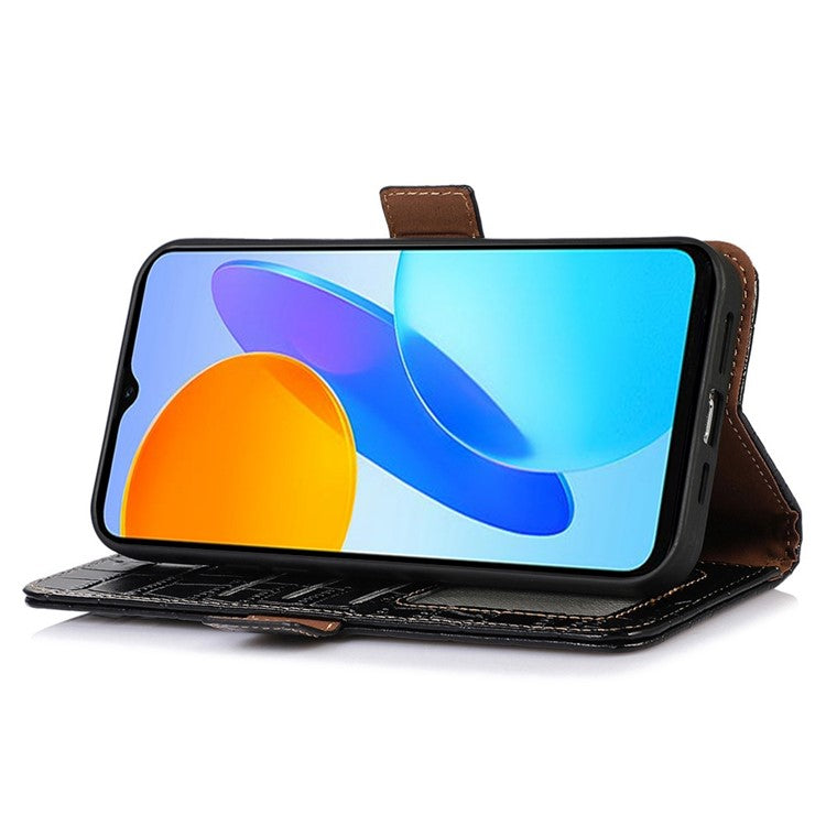 For Honor X20 SE Crocodile Texture Genuine Cowhide Leather Flip Folio Case Wallet Design RFID Blocking Stand Shockproof Phone Cover - Black