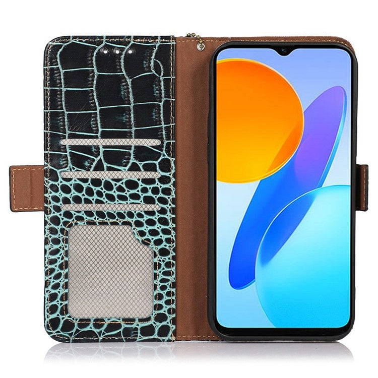 For Honor X20 SE Crocodile Texture Genuine Cowhide Leather Flip Folio Case Wallet Design RFID Blocking Stand Shockproof Phone Cover - Green
