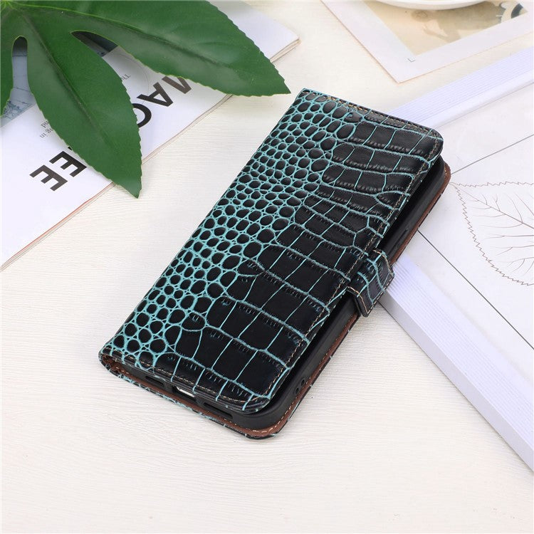 For Honor X20 SE Crocodile Texture Genuine Cowhide Leather Flip Folio Case Wallet Design RFID Blocking Stand Shockproof Phone Cover - Green