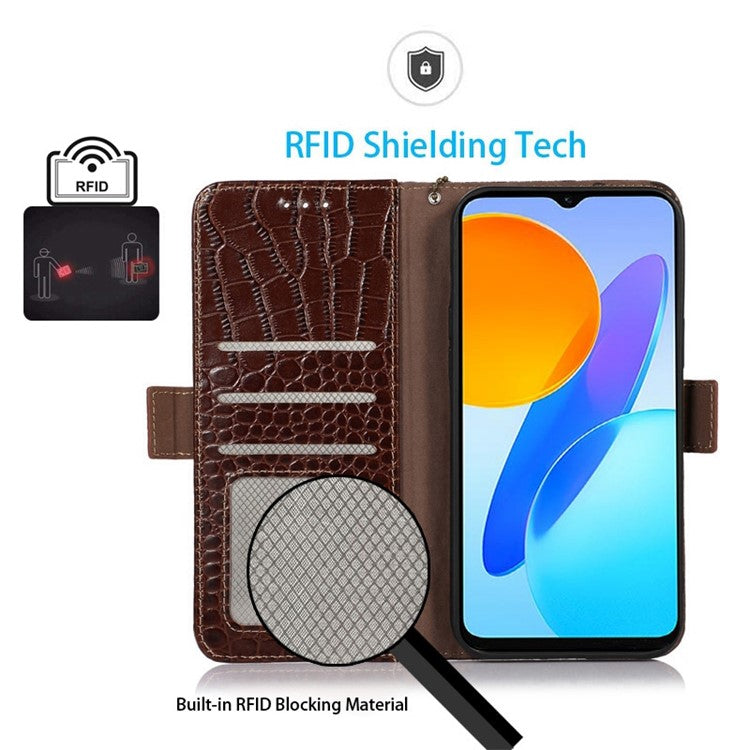 For Honor X20 SE Crocodile Texture Genuine Cowhide Leather Flip Folio Case Wallet Design RFID Blocking Stand Shockproof Phone Cover - Brown