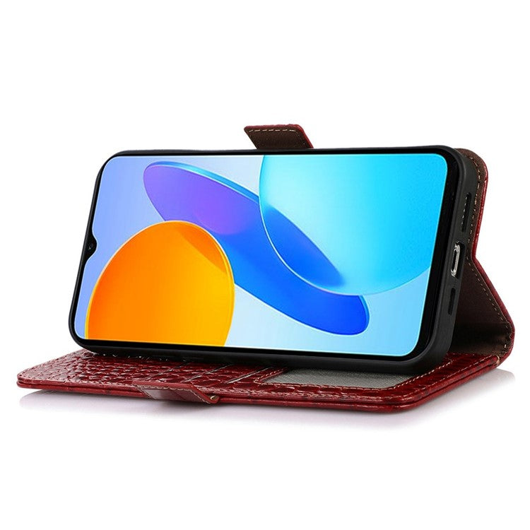 For Honor X20 SE Crocodile Texture Genuine Cowhide Leather Flip Folio Case Wallet Design RFID Blocking Stand Shockproof Phone Cover - Red