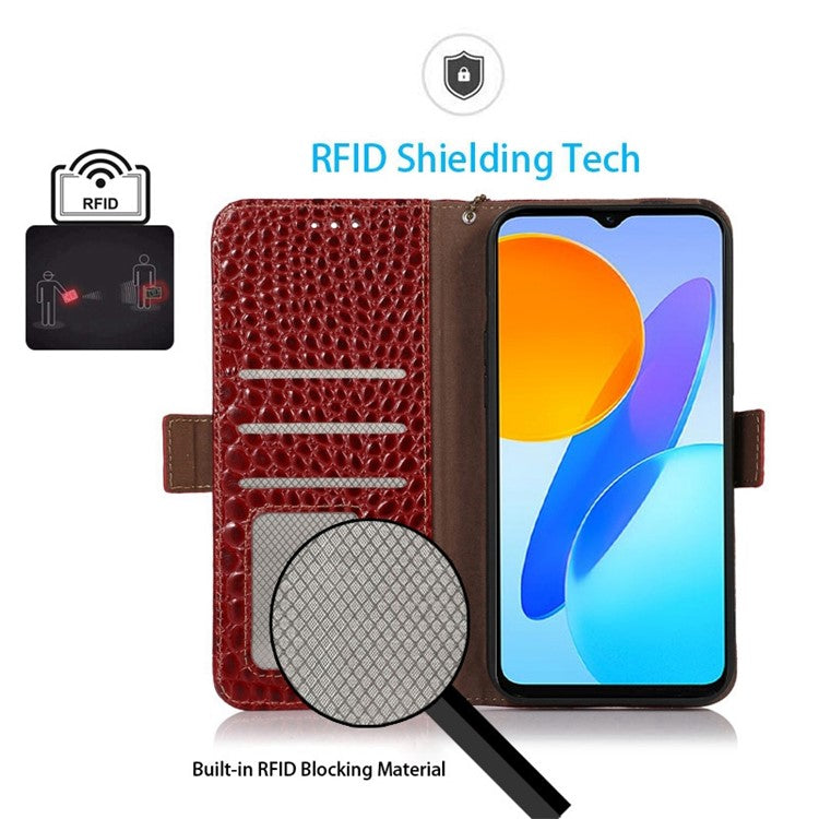 For Honor X20 SE Crocodile Texture Genuine Cowhide Leather Flip Folio Case Wallet Design RFID Blocking Stand Shockproof Phone Cover - Red