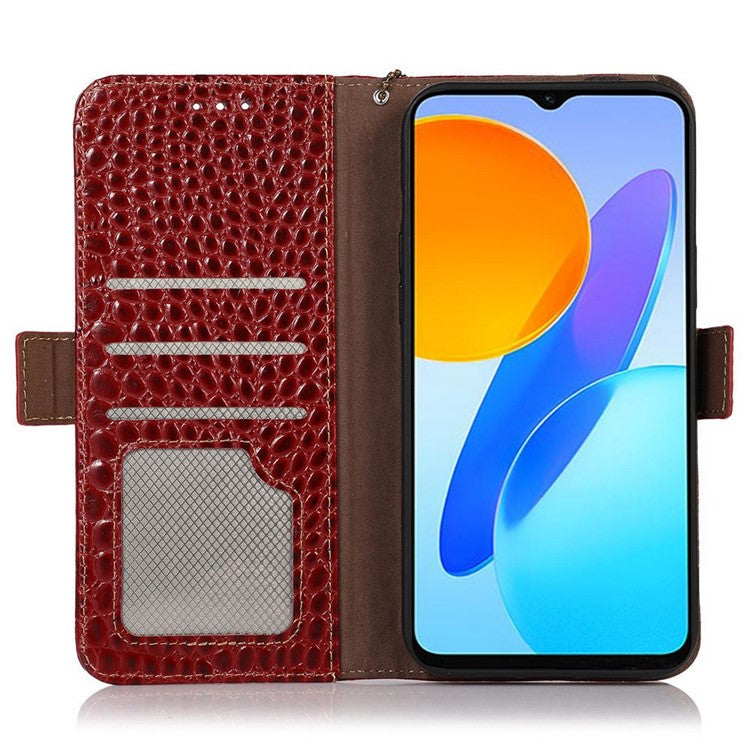 For Honor X20 SE Crocodile Texture Genuine Cowhide Leather Flip Folio Case Wallet Design RFID Blocking Stand Shockproof Phone Cover - Red