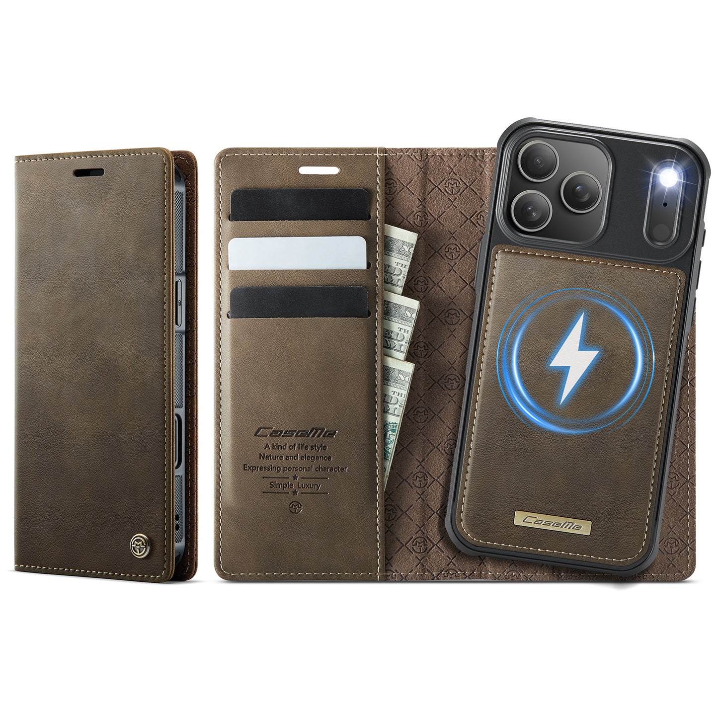 For iPhone 17 Pro Max Case CASEME C49 Compatible with MagSafe RFID Blocking Detachable Wallet Leather Phone Cover - Coffee