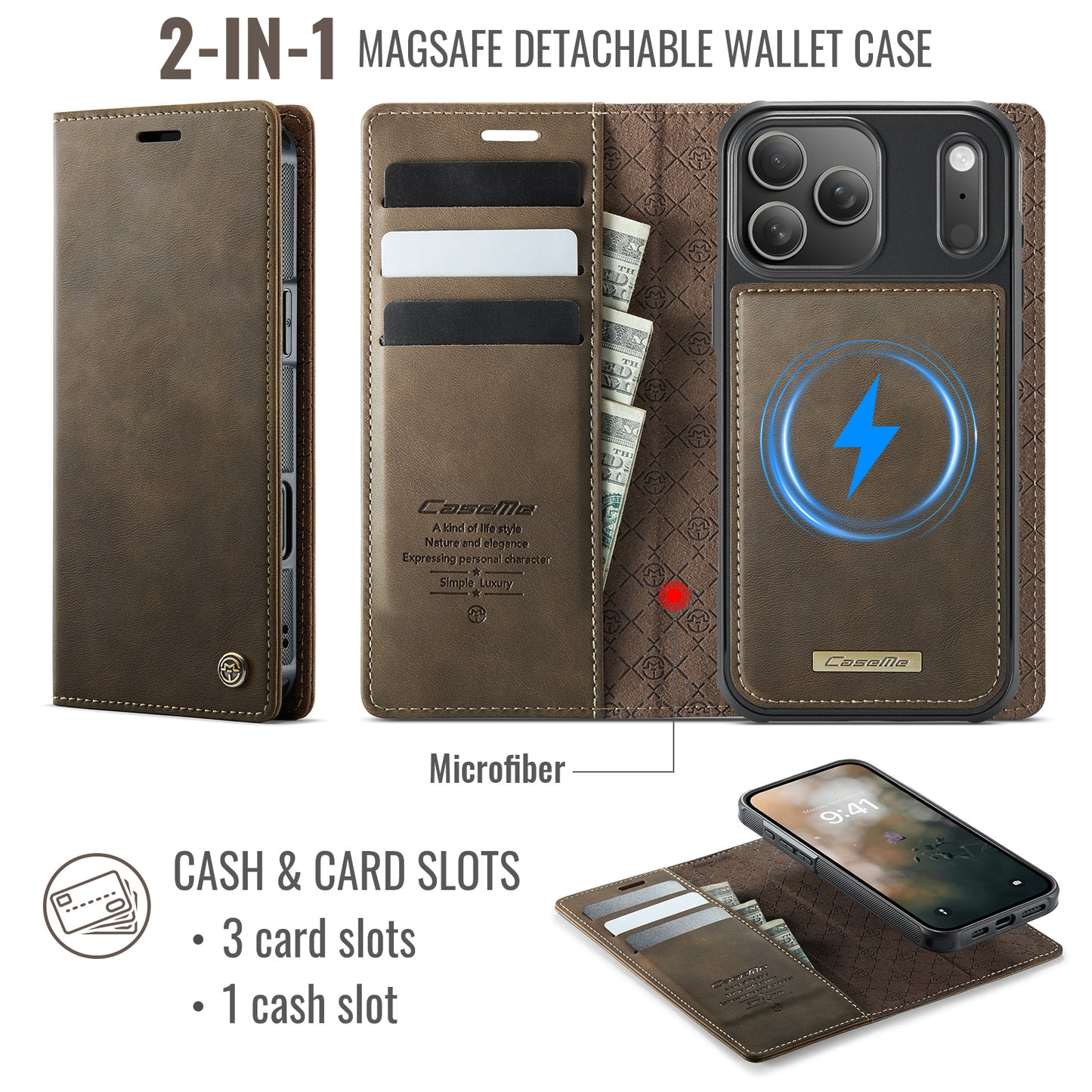 For iPhone 17 Pro Max Case CASEME C49 Compatible with MagSafe RFID Blocking Detachable Wallet Leather Phone Cover - Coffee