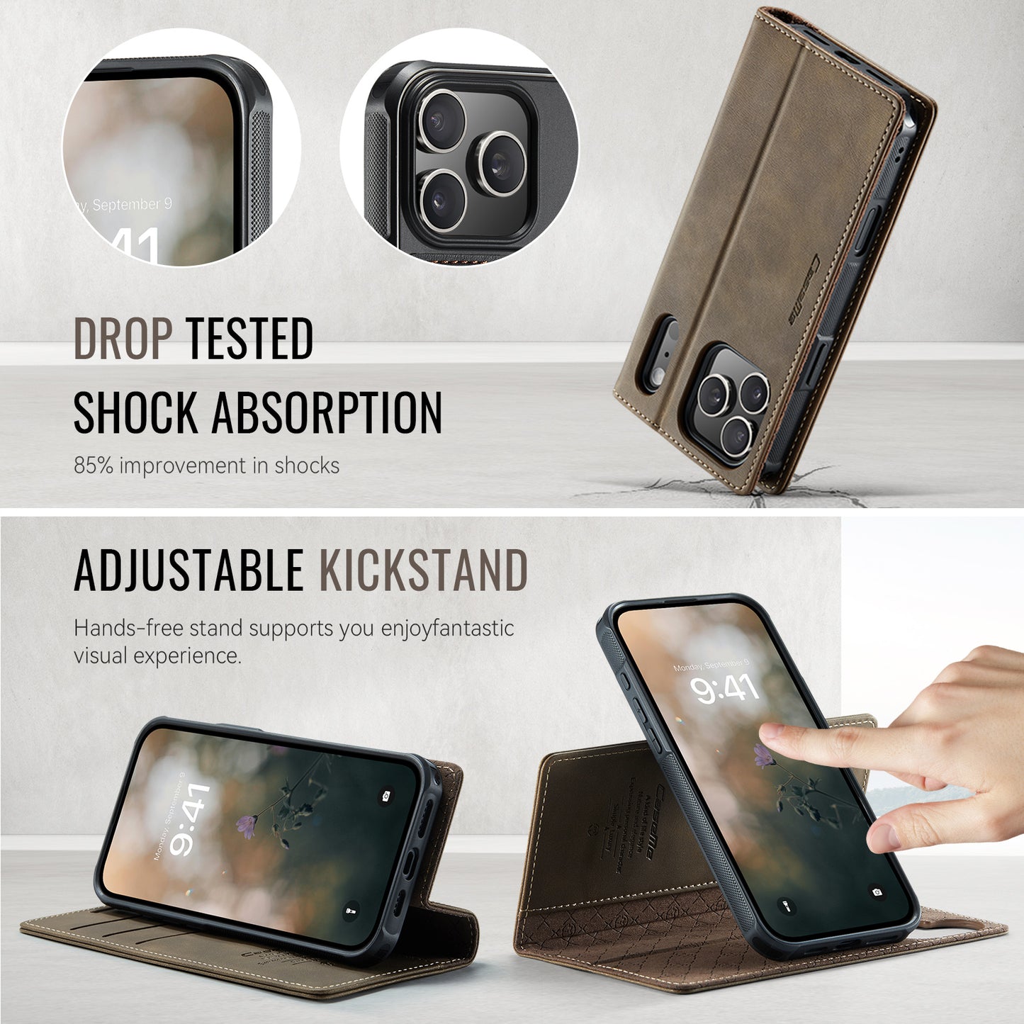 For iPhone 17 Pro Max Case CASEME C49 Compatible with MagSafe RFID Blocking Detachable Wallet Leather Phone Cover - Coffee