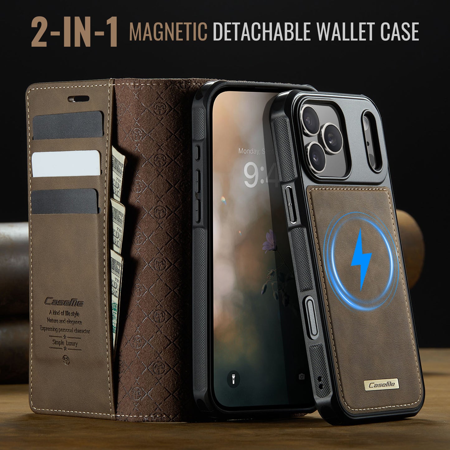 For iPhone 17 Pro Max Case CASEME C49 Compatible with MagSafe RFID Blocking Detachable Wallet Leather Phone Cover - Coffee