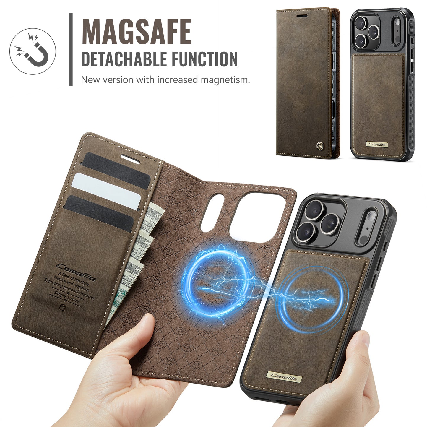 For iPhone 17 Pro Max Case CASEME C49 Compatible with MagSafe RFID Blocking Detachable Wallet Leather Phone Cover - Coffee