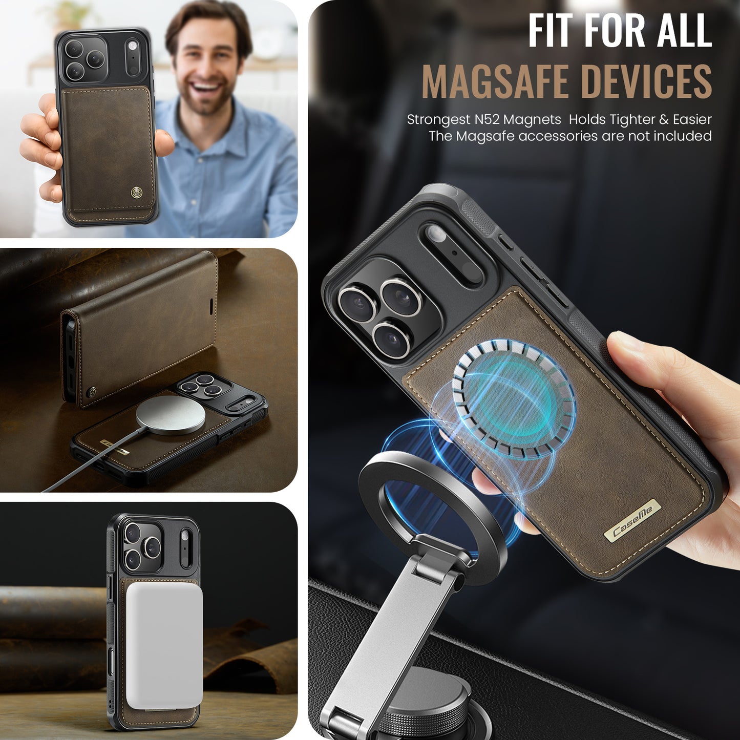 For iPhone 17 Pro Max Case CASEME C49 Compatible with MagSafe RFID Blocking Detachable Wallet Leather Phone Cover - Coffee
