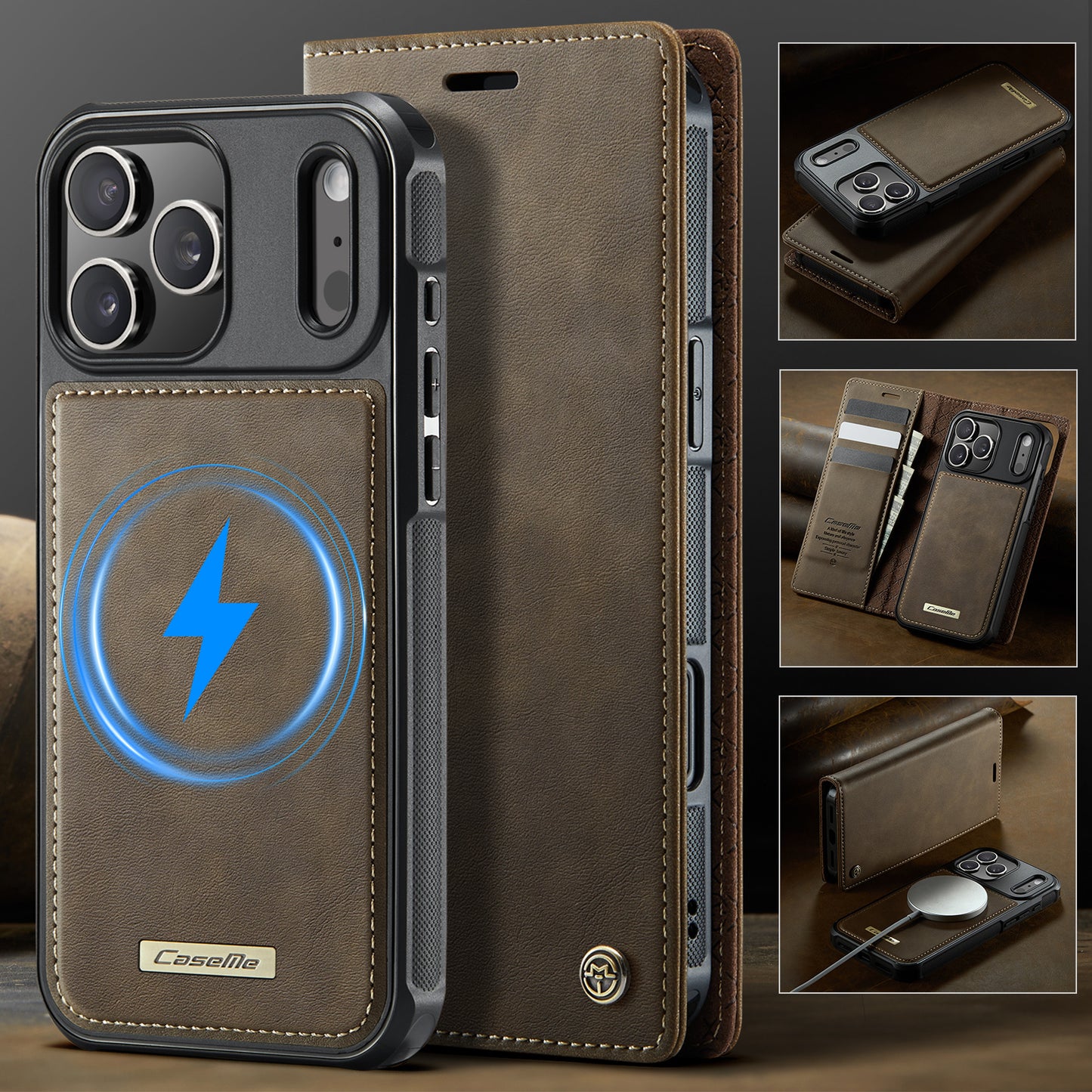 For iPhone 17 Pro Max Case CASEME C49 Compatible with MagSafe RFID Blocking Detachable Wallet Leather Phone Cover - Coffee