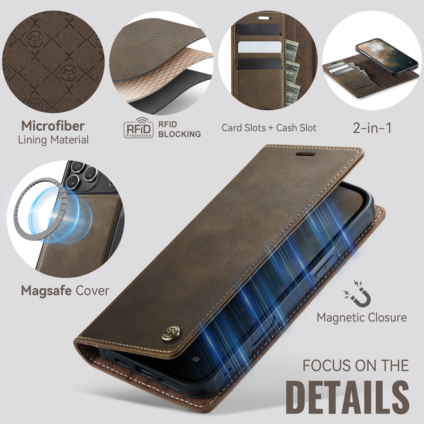 For iPhone 17 Pro Max Case CASEME C49 Compatible with MagSafe RFID Blocking Detachable Wallet Leather Phone Cover - Coffee
