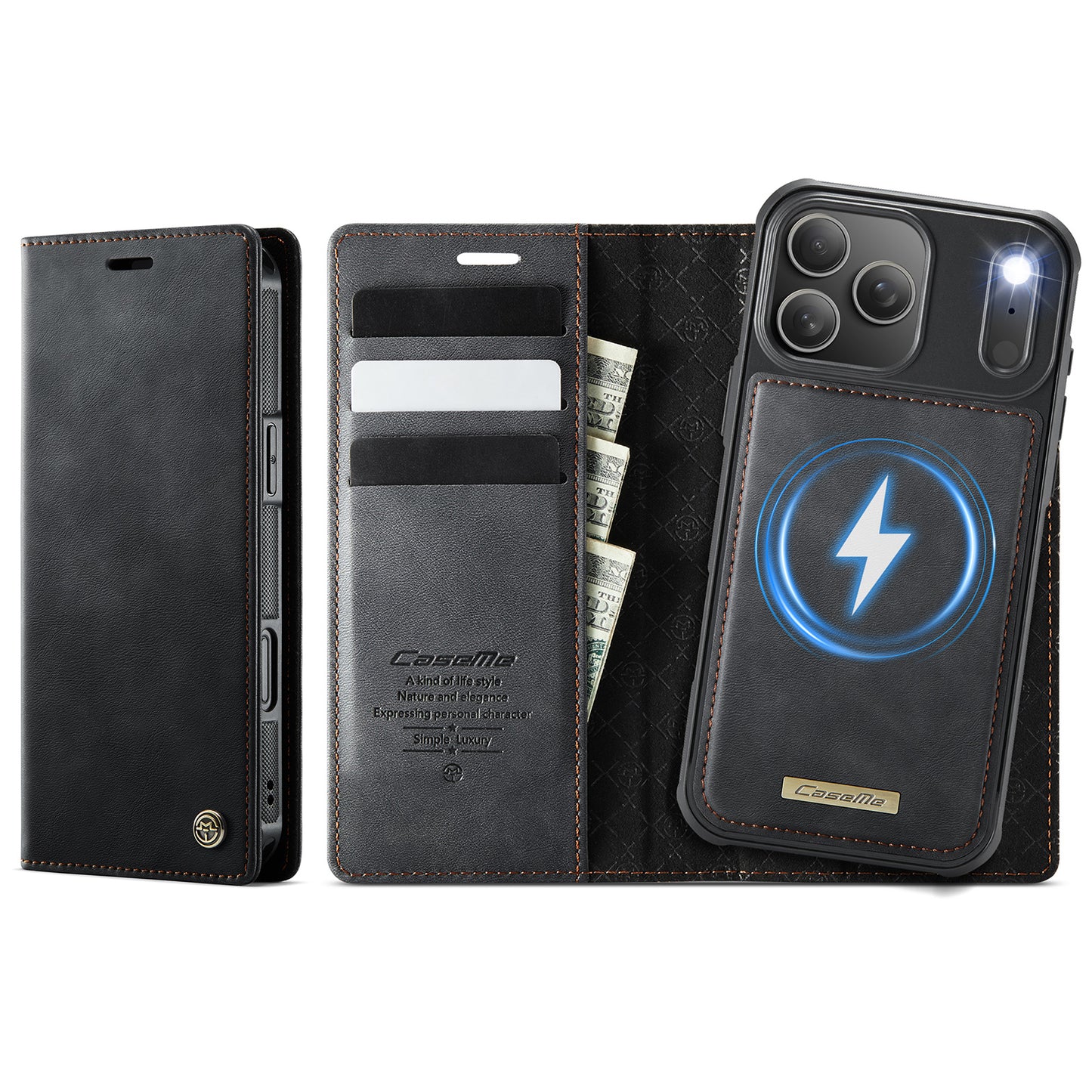 For iPhone 17 Pro Max Case CASEME C49 Compatible with MagSafe RFID Blocking Detachable Wallet Leather Phone Cover - Black