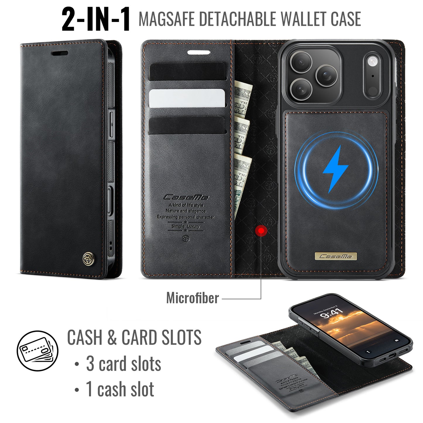 For iPhone 17 Pro Max Case CASEME C49 Compatible with MagSafe RFID Blocking Detachable Wallet Leather Phone Cover - Black