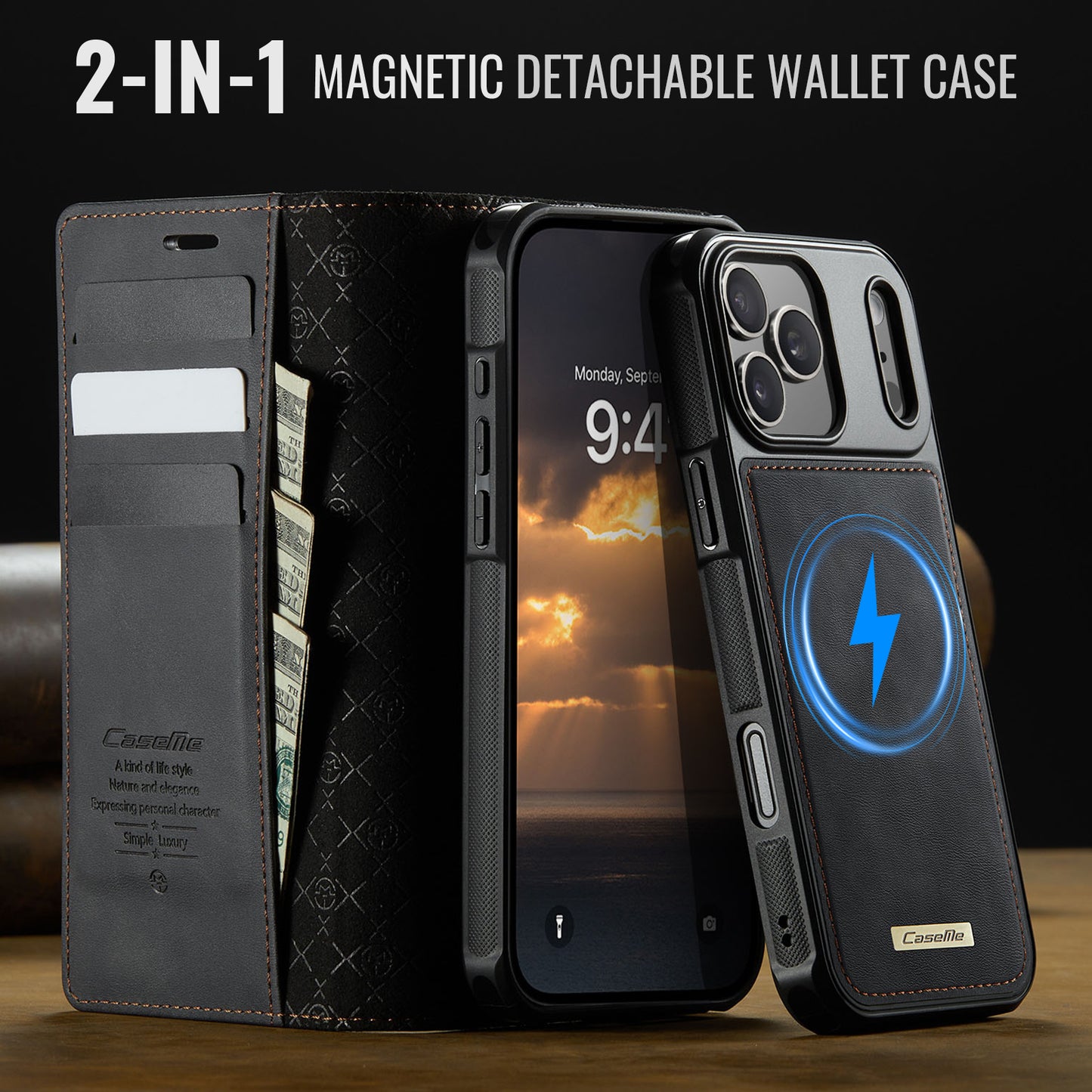 For iPhone 17 Pro Max Case CASEME C49 Compatible with MagSafe RFID Blocking Detachable Wallet Leather Phone Cover - Black
