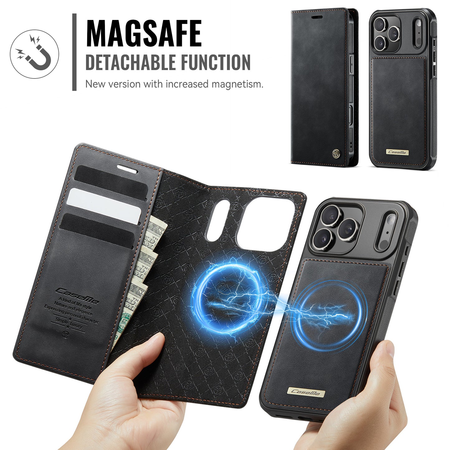 For iPhone 17 Pro Max Case CASEME C49 Compatible with MagSafe RFID Blocking Detachable Wallet Leather Phone Cover - Black