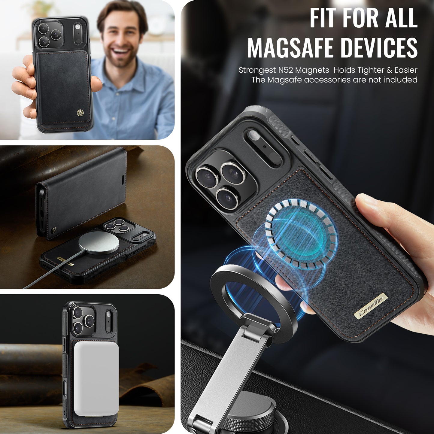 For iPhone 17 Pro Max Case CASEME C49 Compatible with MagSafe RFID Blocking Detachable Wallet Leather Phone Cover - Black