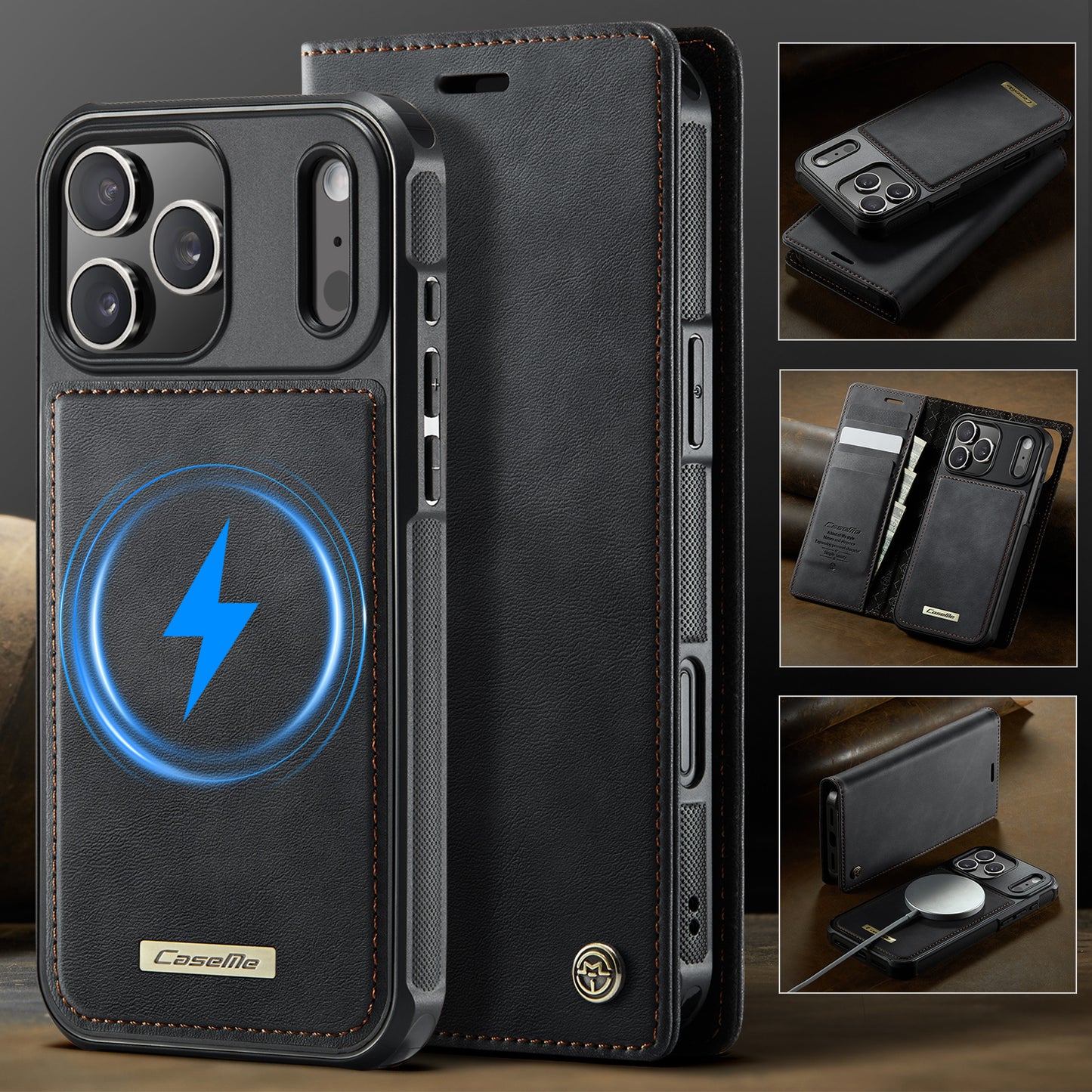 For iPhone 17 Pro Max Case CASEME C49 Compatible with MagSafe RFID Blocking Detachable Wallet Leather Phone Cover - Black