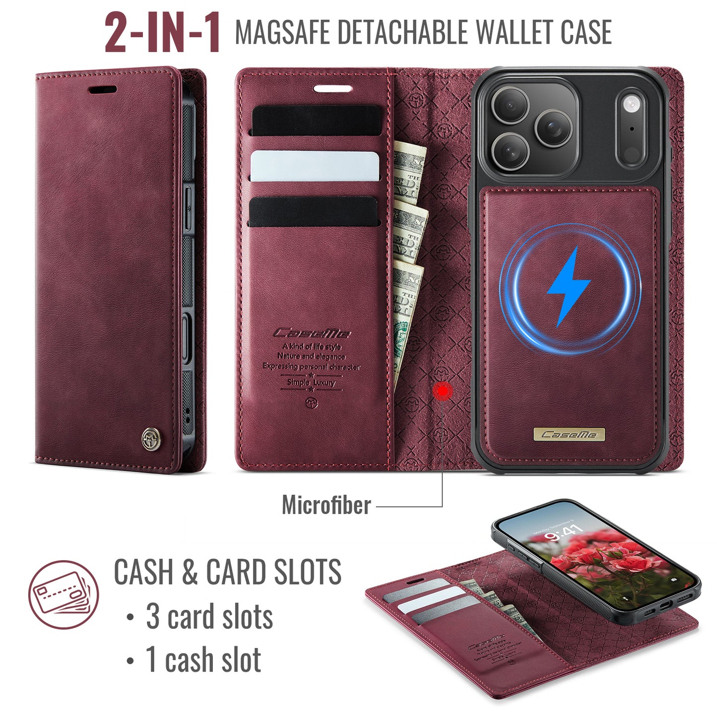 For iPhone 17 Pro Max Case CASEME C49 Compatible with MagSafe RFID Blocking Detachable Wallet Leather Phone Cover - Red