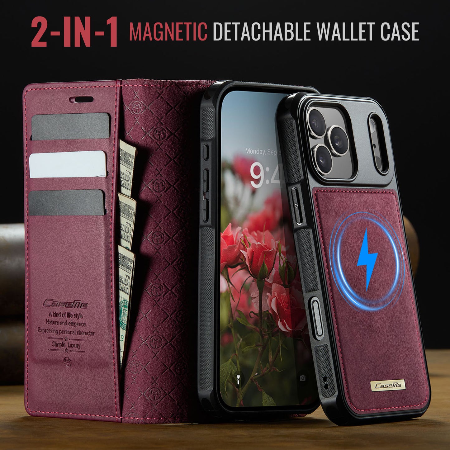 For iPhone 17 Pro Max Case CASEME C49 Compatible with MagSafe RFID Blocking Detachable Wallet Leather Phone Cover - Red